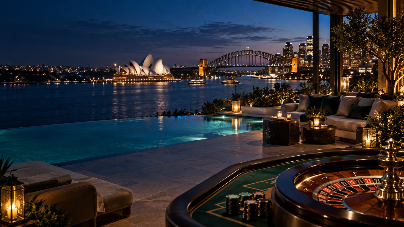 AI-generated Sydney-inspired casino lounge overlooking a resort pool, Sydney Harbour-inspired waterfront and city skyline at twilight